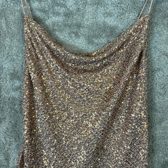 Asos Sequin Cami Mini Dress Cowl Neck Bronze Blush Pink Neutral 6 Tall 6T - Picture 3 of 11